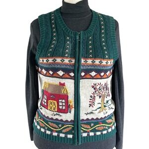 Vtg 80s Womens Novelty Sweater Vest M Green Embroidered House Knit Grandmacore